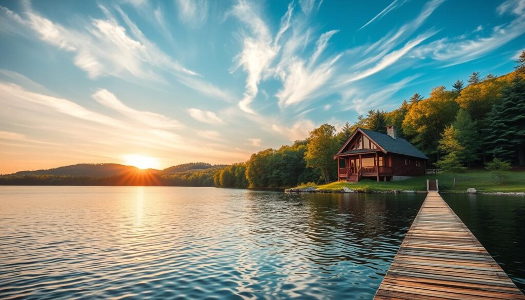 Serene landscape of a cozy cabin nestled in the lush, rolling hills of upstate New York. The cabin is surrounded by a verdant forest, with a tranquil lake in the foreground reflecting the warm, golden hues of the setting sun. Wispy clouds drift across a clear, azure sky, casting soft shadows over the scene. The cabin's rustic exterior is complemented by large windows, allowing ample natural light to flood the interior. A wooden dock extends into the still waters, inviting visitors to take in the breathtaking views and experience the peace and solitude of this idyllic retreat.