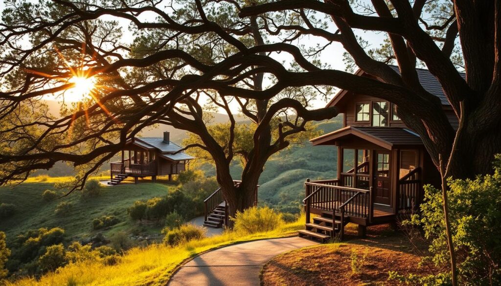 Skybox cabins nestled in the rolling hills of the Texas Hill Country, their rustic wooden structures blending seamlessly with the lush, verdant landscape. Warm sunlight filters through the canopy of ancient oak trees, casting a cozy glow over the elevated treehouses. In the foreground, a winding path leads visitors to the cabin entrances, inviting them to step into a serene, secluded oasis. The cabins themselves feature large windows that offer panoramic views of the surrounding hills, creating a sense of being immersed in nature. The overall atmosphere evokes a nostalgic, timeless charm, transporting guests to a simpler, more tranquil era.