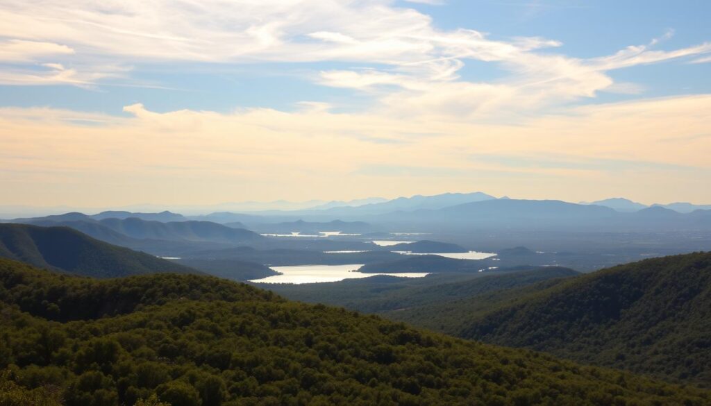 Stunning Texas Hill Country vista, bathed in warm golden light. Undulating hills stretch out in the foreground, with lush, verdant forests cloaking their slopes. A sparkling lake nestles in the middle distance, its calm waters reflecting the azure sky above. Distant peaks rise majestically, their silhouettes etched against a sky filled with wispy, cotton-candy clouds. A sense of tranquility and natural beauty pervades the scene, inviting the viewer to pause and drink in the serene, idyllic landscape.