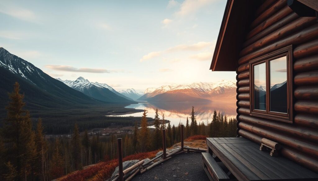 Stunning panoramic view of a remote cabin nestled in the lush Alaskan wilderness. The foreground features a well-maintained wooden cabin with a cozy porch and large windows that offer breathtaking vistas. In the middle ground, a pristine alpine lake reflects the rugged snow-capped peaks in the background, creating a serene and captivating atmosphere. Warm, soft lighting illuminates the scene, casting a golden glow over the tranquil landscape. The overall composition evokes a sense of peaceful isolation and connection with the untamed natural beauty of Alaska. Stunning panoramic view of a remote cabin nestled in the lush Alaskan wilderness. The foreground features a well-maintained wooden cabin with a cozy porch and large windows that offer breathtaking vistas. In the middle ground, a pristine alpine lake reflects the rugged snow-capped peaks in the background, creating a serene and captivating atmosphere. Warm, soft lighting illuminates the scene, casting a golden glow over the tranquil landscape. The overall composition evokes a sense of peaceful isolation and connection with the untamed natural beauty of Alaska.