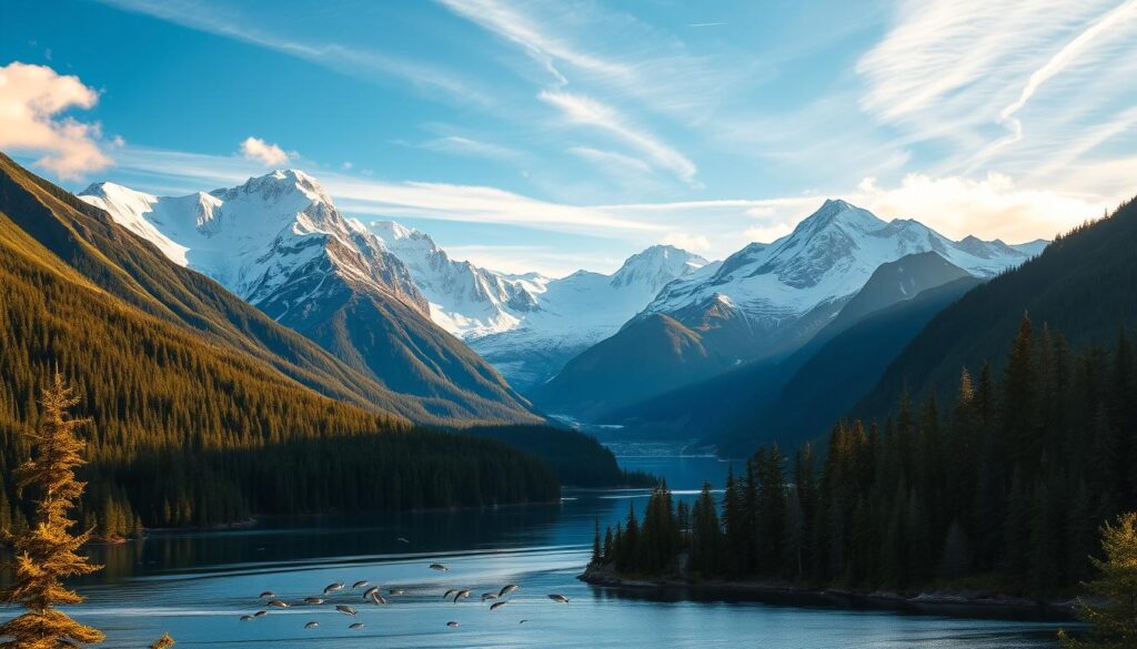 Stunning vistas of untamed Alaskan wilderness. Majestic snow-capped mountains rise above pristine glacial lakes, their reflections mirroring the dramatic peaks. In the foreground, a serene fjord cuts through the rugged landscape, its calm waters hosting schools of leaping salmon. Lush evergreen forests line the shores, their dense canopy casting deep shadows. Warm golden light filters through wispy clouds, illuminating the scene with a sense of tranquility and wonder. A panoramic view captured with a wide-angle lens, inviting the viewer to immerse themselves in the captivating beauty of Alaska's national park landscapes.