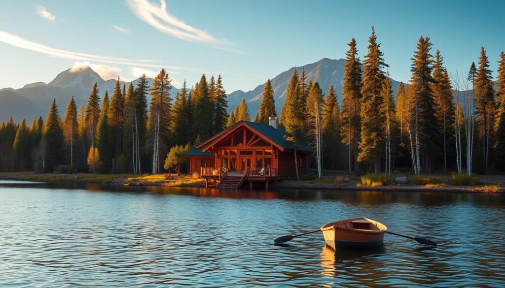 Susitna Adventure Lodge nestled on the banks of serene Yogi Lake, surrounded by the majestic peaks of the Alaska Range. A cozy timber-framed cabin with a large deck overlooking the still waters, partially obscured by towering pines and birch trees. Warm golden light filters through the windows, casting a cozy glow across the scene. In the foreground, a small rowboat drifts lazily, inviting guests to explore the tranquil lake. Wispy clouds drift overhead, hinting at the untamed wilderness beyond. An atmosphere of rustic comfort and connection with nature, perfect for a luxurious, private Denali Highway retreat.