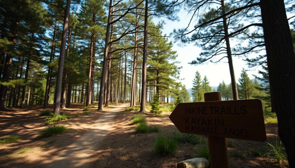 Trails adventure access: A serene forest scene, with a winding dirt path leading into the distance. Towering pine trees line the trail, their branches casting dappled shadows on the ground. In the foreground, a rustic wooden sign points the way to hiking trails, kayaking, and other outdoor pursuits. The sky is a soft, hazy blue, creating a sense of tranquility and escape. The overall mood is one of adventure and exploration, inviting the viewer to step into this picturesque wilderness setting.