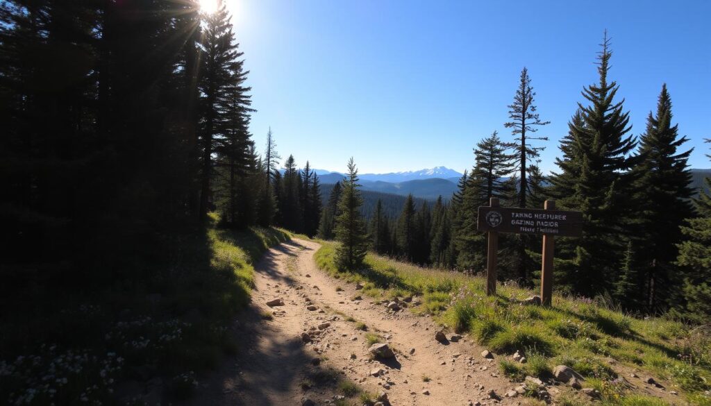 Trails winding through dense pine forests, sunlight filtering through the canopy, creating a warm, inviting atmosphere. In the foreground, a well-maintained dirt path leads hikers deeper into the wilderness, dotted with patches of wildflowers. The middle ground reveals a trailhead with a rustic wooden sign, guiding adventurers to scenic viewpoints and natural landmarks. Distant peaks rise in the background, their snow-capped summits glistening under a clear, azure sky. The scene captures the essence of outdoor exploration, inviting visitors to immerse themselves in the captivating beauty of the Idaho Mountains.