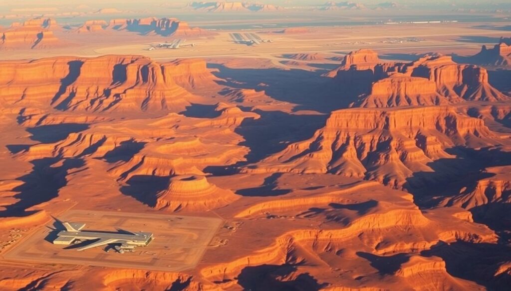 A breathtaking aerial view of Canyonlands National Park's rugged, rust-colored landscape, with a focus on the regional airports that serve as gateways to this natural wonder. In the foreground, Canyonlands Field Airport stands out with its modern terminal and tarmac, surrounded by the park's iconic mesas and buttes. In the middle ground, the larger Grand Junction Regional Airport is visible, its runways and hangars blending seamlessly with the dramatic desert backdrop. The scene is bathed in warm, golden light, creating a sense of adventure and discovery, as if inviting the viewer to explore this magnificent region by air. The overall composition conveys the scale and grandeur of Canyonlands, while highlighting the vital transportation hubs that facilitate access to this spectacular national park.