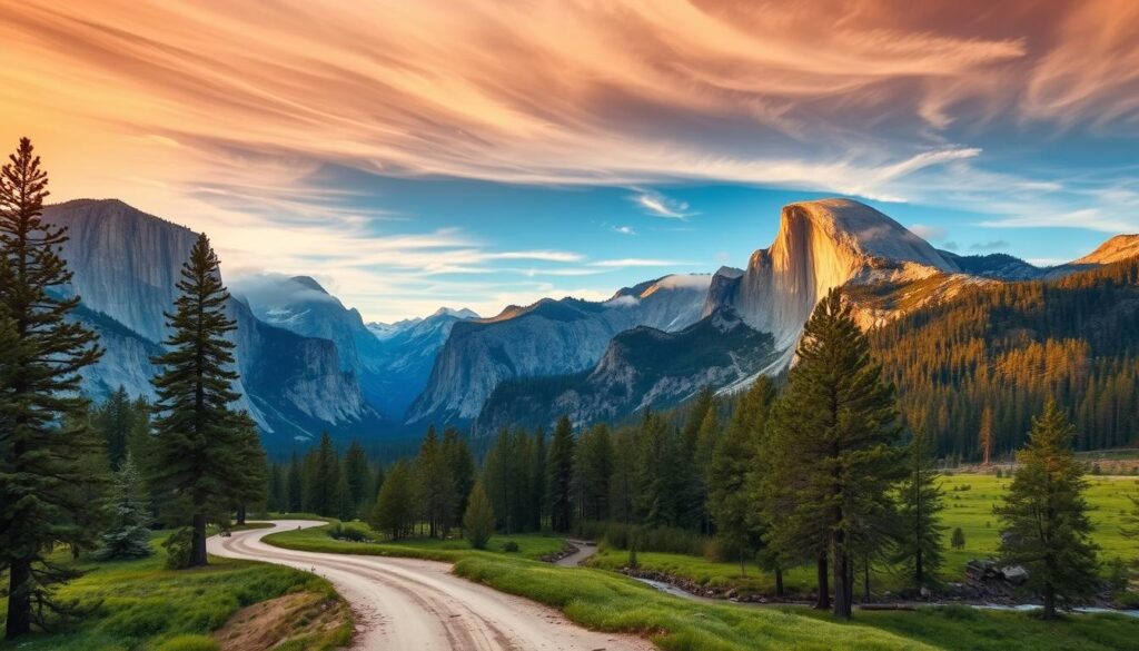 A breathtaking aerial view of Yosemite Valley, showcasing its iconic granite cliffs and lush, verdant meadows. The foreground features a winding dirt road leading up to the valley's entrance, framed by towering pines and shimmering streams. The middle ground captures the dramatic granite formations of El Capitan and Half Dome, their majestic presence commanding attention. In the background, the sky is painted with wispy clouds and a warm, golden glow, creating a serene and awe-inspiring atmosphere. Captured with a wide-angle lens and natural lighting, this image perfectly encapsulates the grandeur and accessibility of Yosemite's most famous destination.