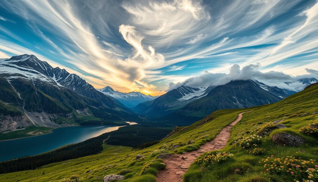 A breathtaking landscape in Glacier National Park, with towering snow-capped peaks and a pristine alpine lake in the foreground. In the middle ground, a rugged hiking trail winds through lush green meadows and wildflowers, beckoning adventurers to explore the untamed wilderness. Overhead, a dramatic sky filled with wispy clouds and warm golden light casts a serene glow over the entire scene. The camera captures this awe-inspiring vista from a low angle, emphasizing the grandeur of the surroundings and the sense of adventure and exploration that awaits. Detailed, photorealistic, cinematic lighting, Nikon D850, 24mm lens.