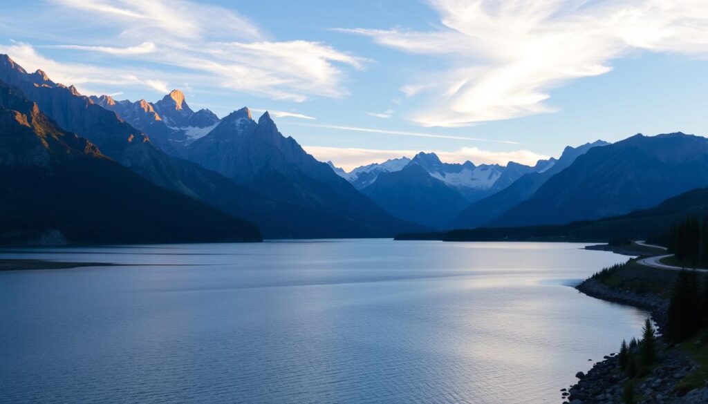 A breathtaking landscape of St. Mary's glacial lake, framed by the towering peaks of Glacier National Park. In the foreground, the still waters reflect the warm golden hues of the rising sun, casting a serene glow over the scene. In the middle ground, the iconic Going-to-the-Sun Road winds its way along the shoreline, leading the eye towards the dramatic mountain range in the background. Wispy clouds drift across the sky, adding depth and dimension to the expansive vista. The mood is one of tranquility and awe, inviting the viewer to immerse themselves in the natural beauty of this majestic setting.