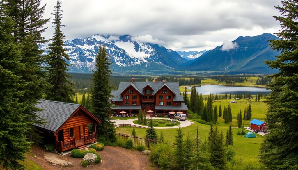 A breathtaking panorama of Glacier National Park's most inviting accommodations. In the foreground, a cozy log cabin nestled amidst towering pines, its warm glow inviting travelers to rest their weary souls. In the middle ground, a charming mountain lodge with a grand, rustic exterior, its windows reflecting the majestic snow-capped peaks beyond. In the distance, a pristine alpine lake surrounded by lush, verdant meadows, where a family-friendly campground beckons with the promise of s'mores and stargazing. Captured in a cinematic, wide-angle lens, the image exudes a sense of tranquility and adventure, perfectly encapsulating the diverse lodging options for every type of Glacier National Park explorer.