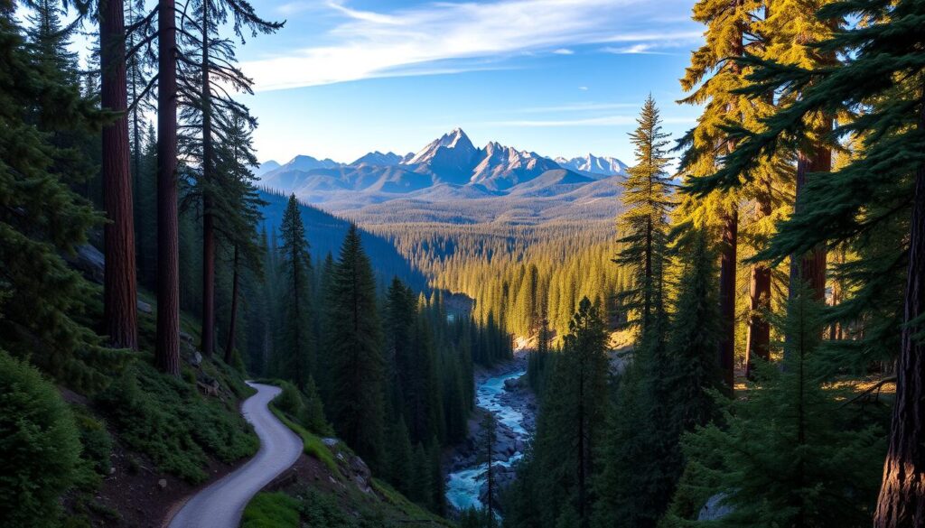 A breathtaking panorama of Sequoia National Park, showcasing the majestic grandeur of the towering sequoia trees that dominate the landscape. In the foreground, a winding trail leads through a lush, verdant forest, inviting visitors to explore the natural wonder. The midground features a serene, crystal-clear stream cutting through the rugged terrain, its waters reflecting the sunlight filtering through the towering canopy above. In the distant background, the iconic silhouettes of the park's iconic peaks rise majestically, their snow-capped summits glistening in the warm, golden light of a perfect summer day. The overall scene exudes a sense of tranquility, wonder, and the timeless beauty of this natural haven, perfect for a family vacation that will create lasting memories.