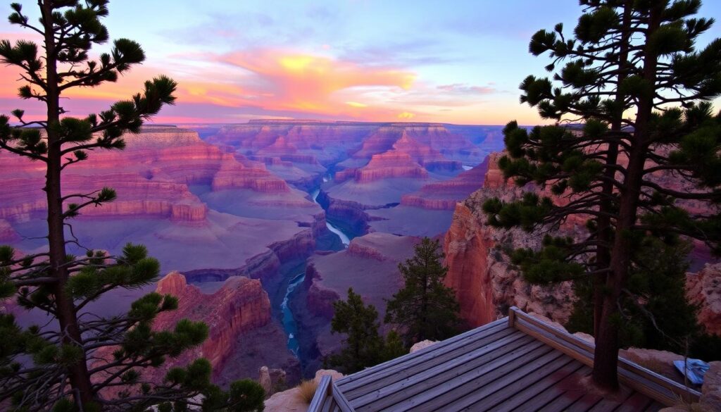 A breathtaking panorama of the iconic Grand Canyon, captured from the rim's edge at sunset. The vast expanse of layered, rust-colored rock formations stretches out before the viewer, with the Colorado River winding its way through the canyon's depth. In the foreground, a wooden observation deck provides a prime vantage point, framed by towering ponderosa pines and the warm glow of the setting sun. The sky is awash in a spectrum of oranges, pinks, and deep purples, creating a serene and awe-inspiring atmosphere. This picturesque scene invites the viewer to escape to the tranquil solitude of the canyon's edge, to experience the grandeur and natural beauty of this natural wonder.