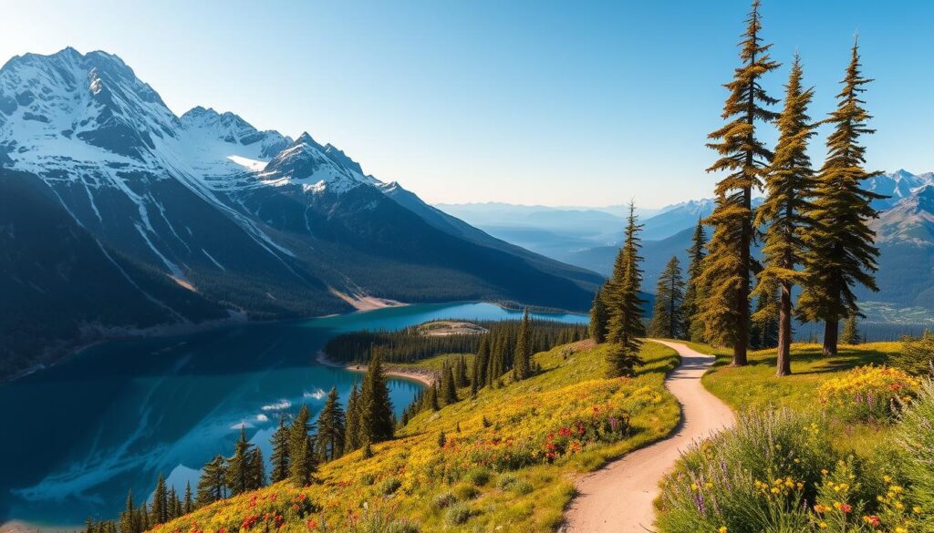 A breathtaking panorama of the iconic Many Glacier region in Glacier National Park, Montana. In the foreground, a pristine alpine lake reflects the jagged snow-capped peaks of the Rocky Mountains, their steep, rugged slopes casting long shadows across the crystal clear waters. In the middle ground, a winding trail leads visitors through a lush, verdant landscape dotted with vibrant wildflowers. Tall, majestic pine trees line the path, their branches swaying gently in a cool, refreshing breeze. In the distant background, a vast, untamed wilderness stretches out, hinting at the untamed beauty and adventure that awaits beyond. The scene is bathed in warm, golden light, creating a serene, tranquil atmosphere that invites the viewer to step into the frame and immerse themselves in the natural wonder of this remarkable place.