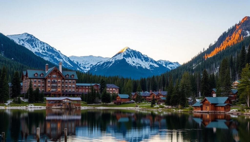 A breathtaking scene of iconic Glacier National Park lodges nestled among the towering snow-capped peaks and glacial lakes. In the foreground, the historic Glacier Park Lodge stands proud, its grand architecture and wooden beams reflecting in the still, crystal-clear waters. The middle ground features the quaint Apgar Village, with its cozy cabins and lodges, surrounded by the lush, evergreen forests. In the distance, the majestic mountains of the Continental Divide rise, their icy glaciers glittering in the warm, golden light of the sunset. The air is crisp and the atmosphere is one of tranquility and natural wonder, perfectly capturing the essence of this iconic Glacier Park Collection.