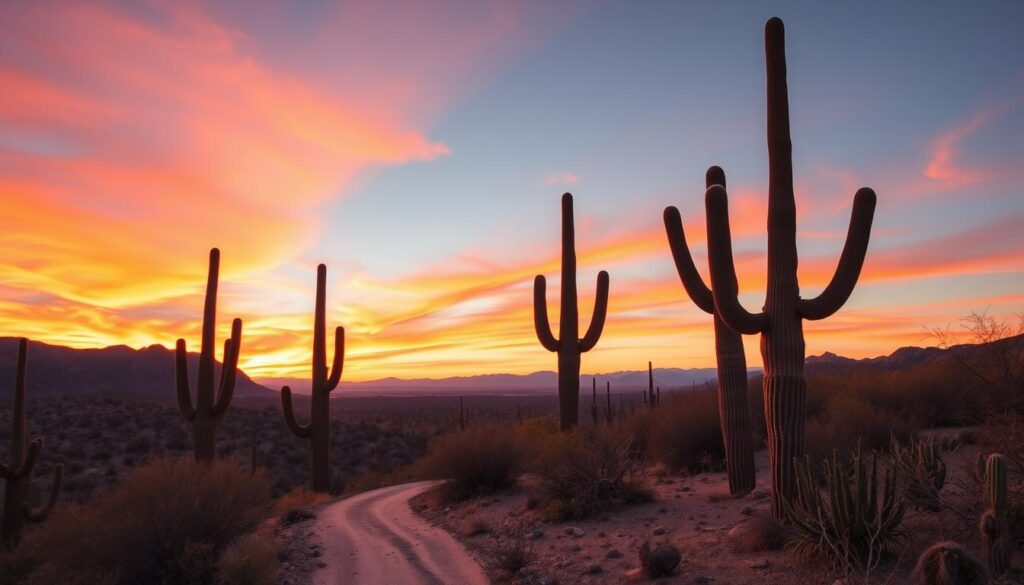 A breathtaking sunset over the Saguaro West (Tucson Mountain District) of Saguaro National Park. Towering saguaro cacti silhouetted against a vibrant orange and pink sky, their outstretched arms casting long shadows across the desert landscape. In the foreground, a dry winding trail leads hikers towards distant rugged mountains, inviting exploration of this arid yet captivating wilderness. The scene is bathed in warm, golden light, creating a serene and peaceful atmosphere perfect for a desert cabin escape.