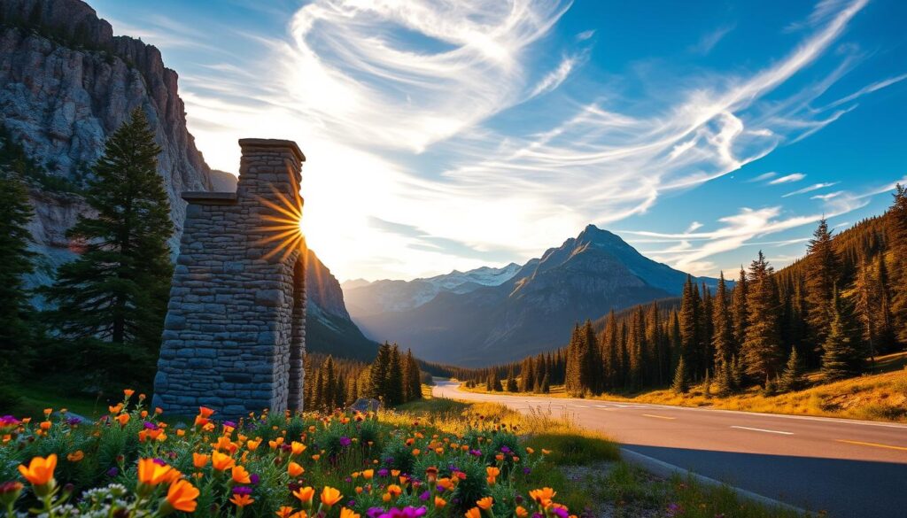 A breathtaking west entrance to Glacier National Park, captured under a warm, golden evening light. The iconic stone archway stands tall, framing a scenic vista of rugged mountains, lush forests, and a winding road leading deep into the park. Wispy clouds dance across a vibrant sky, casting a soft, ethereal glow over the entire scene. The foreground is adorned with vibrant wildflowers, adding a touch of natural beauty to the grand, majestic landscape. Captured with a wide-angle lens to convey a sense of scale and grandeur, this image perfectly encapsulates the essence of the Glacier National Park experience - a peaceful oasis of natural wonder and adventure.