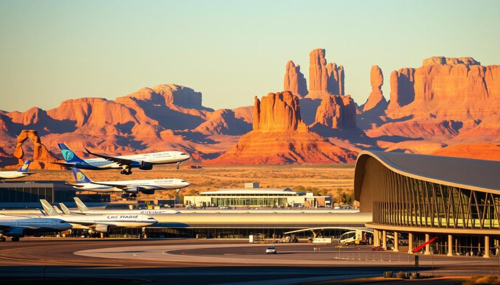 A bustling regional international airport with sleek, curved arched terminals set against the majestic backdrop of Arches National Park. The foreground features a lineup of commercial airliners taking off and landing, their engines rumbling and wings cutting through the clear sky. The middle ground showcases the airport's modern architecture, with glass facades and steel beams reflecting the warm desert sun. In the distance, the iconic sandstone arches and towering rock formations of the national park rise up, creating a breathtaking panorama. The scene is illuminated by soft, directional lighting, casting dramatic shadows and highlights across the various elements. The overall mood is one of dynamic transportation intertwined with the natural wonders of the American Southwest.