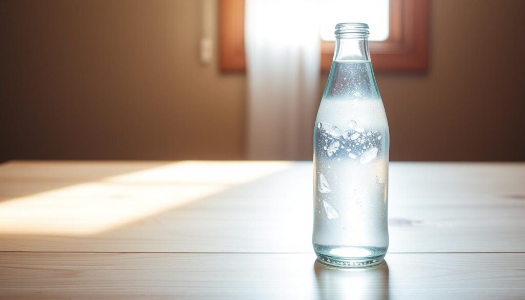 A clear glass bottle filled with fresh, sparkling water sits on a wooden table, its surface reflecting the soft, diffused natural light streaming in from an unseen window. The water inside the bottle appears cool and refreshing, with a hint of condensation glistening on the exterior. The table is set against a backdrop of earthy, neutral-toned walls, creating a minimalist, serene atmosphere. The overall composition evokes a sense of simplicity and tranquility, perfectly complementing the "What to pack and what's provided at most cabins" section of the article about desert hideaways near Death Valley.