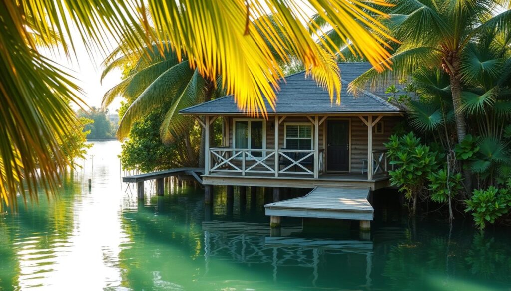 A cozy Key Largo cottage nestled amidst lush tropical foliage, with a tranquil waterfront view. The wooden structure sits on stilts, its weathered shingles and porch gently embracing the calm emerald waters. Sunlight filters through swaying palm fronds, casting a warm, golden glow across the scene. A small dock extends into the still, reflective surface, inviting guests to explore the nearby mangrove channels and secluded coves. The overall atmosphere evokes a sense of serene island living, a perfect getaway for those seeking a wetland retreat along the Keys corridor.