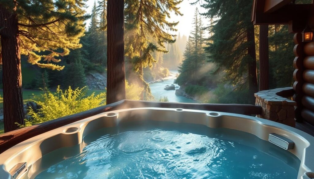 A cozy and inviting three-river hot tub nestled in the lush, verdant landscape of Sequoia National Park. The steaming waters are surrounded by towering ancient sequoia trees, casting dappled shadows across the natural stone and wood construction. Soft, warm lighting illuminates the tranquil scene, creating an atmosphere of relaxation and rejuvenation. In the distance, the sound of a gently flowing river can be heard, adding to the serene ambiance. The hot tub appears to be situated on a wooden deck, seamlessly blending with the rustic, cabin-like architecture of the vacation rental. This idyllic setting promises a perfect escape for families seeking to unwind and reconnect with nature during their Sequoia National Park vacation.