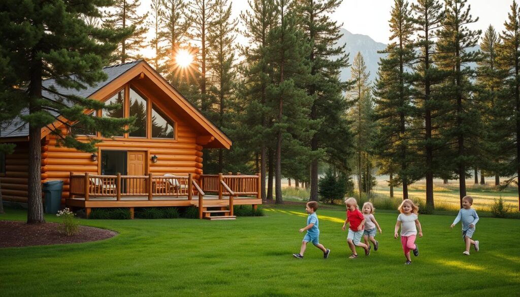 A cozy cabin nestled among towering pine trees, its warm wooden exterior inviting families to a peaceful retreat close to the wonders of Yellowstone National Park. Soft afternoon light filters through the windows, casting a golden glow over the spacious deck and well-appointed interior. In the foreground, a group of children play in the lush, grassy yard, their laughter echoing through the serene landscape. In the distance, majestic mountains rise, hinting at the adventures that await just beyond the cabin's tranquil setting. The scene exudes a sense of comfort, relaxation, and the perfect balance of outdoor exploration and quality time with loved ones.