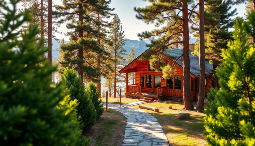 A cozy cabin nestled among towering pine trees, its warm wooden facade bathed in soft, golden sunlight. In the foreground, a stone pathway leads to the inviting entrance, framed by lush, verdant foliage. The middle ground reveals a serene lake, its still waters reflecting the majestic silhouettes of the surrounding Sierra Nevada mountains. The background is a panoramic vista of rugged, snow-capped peaks, hinting at the grandeur and solitude of this idyllic mountain retreat. Subtle architectural details, such as a wraparound porch and large picture windows, suggest a harmonious blend of rustic charm and modern comfort.