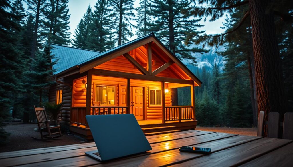 A cozy cabin nestled in a lush, evergreen forest. The exterior features natural wood siding and a large front porch with comfortable rocking chairs. In the foreground, a laptop and phone are placed on a wooden table, suggesting the scene of a productive remote work session. Soft, warm lighting illuminates the scene, creating an inviting and productive atmosphere. The background showcases the towering peaks of the Sequoia wilderness, hinting at the stunning natural landscapes nearby. The overall composition evokes a sense of balance between technology, comfort, and the great outdoors, capturing the essence of "Booking Smart: Platforms, Availability, and Price Timing".