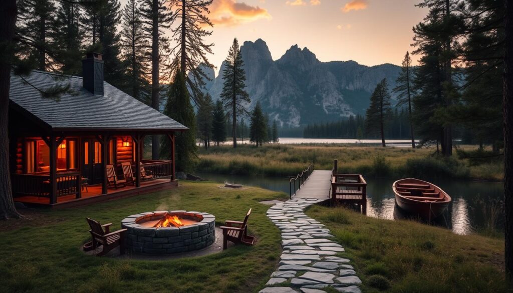 A cozy cabin nestled in a pine forest, surrounded by a lush meadow. The foreground features a wraparound porch with plush rocking chairs, a crackling firepit, and a hot tub steaming gently. The middle ground showcases a stone pathway leading to a private dock on a serene lake, with a wooden boat moored nearby. In the background, the majestic silhouette of Yosemite's granite peaks rise against a golden sunset sky, their rugged beauty reflecting in the still waters. Warm, ambient lighting casts a welcoming glow, evoking a sense of peaceful relaxation and outdoor adventure.