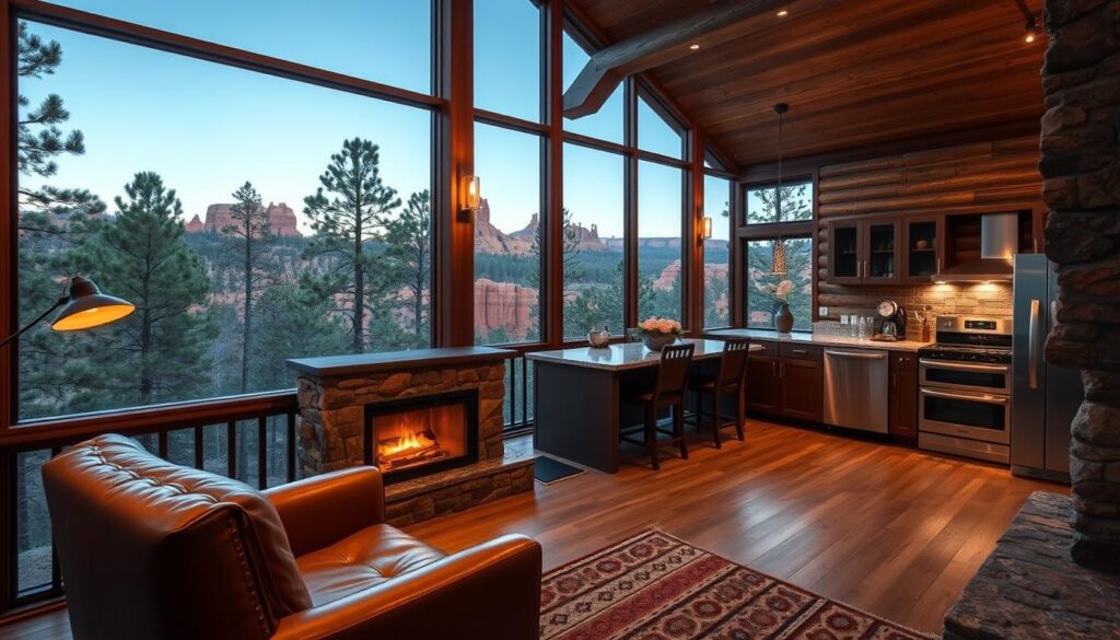 A cozy cabin nestled in a pine forest, with modern amenities blending seamlessly into the rustic setting. In the foreground, a plush leather armchair sits beside a stone fireplace, casting a warm glow. In the middle ground, a sleek, minimalist kitchen with stainless steel appliances and granite countertops opens onto a spacious living area. Large windows offer panoramic views of the hoodoos in the distant background, bathed in the soft light of the setting sun. The overall atmosphere is one of refined comfort and connection with nature.