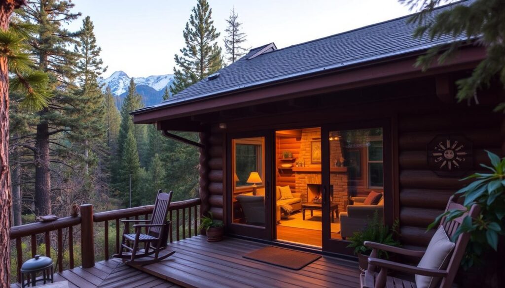 A cozy cabin nestled in the Sequoia wilderness, surrounded by lush forests and towering peaks. In the foreground, a welcoming porch adorned with rocking chairs and potted plants. Midground, a warm and inviting interior filled with rustic furnishings, a fireplace, and all the essential amenities for a comfortable stay. The background features panoramic views of the snow-capped Sierras, bathed in soft, golden light from the setting sun. The overall mood is one of tranquility, relaxation, and a connection to the natural world, perfectly capturing the essence of a wilderness cabin getaway.