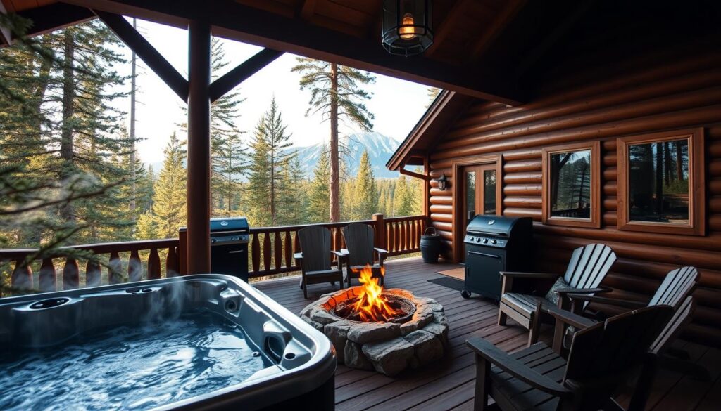 A cozy cabin nestled in the evergreen forest, bathed in soft natural light filtering through the trees. In the foreground, a rustic wooden porch showcases a welcoming array of high-end amenities - a steaming hot tub, plush outdoor seating, and a grill ready for a delectable al fresco meal. The middle ground reveals a stone firepit surrounded by Adirondack chairs, perfect for stargazing and s'mores under the night sky. In the distance, the majestic snow-capped peaks of Glacier National Park stand tall, completing the tranquil and luxurious scene.