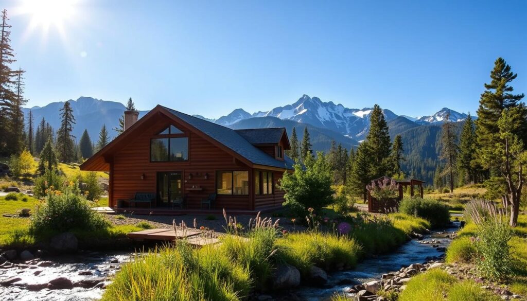 A cozy cabin nestled in the lush greenery of Mariposa County, California, with a breathtaking view of the surrounding mountains. The cabin's rustic exterior blends seamlessly with the natural landscape, its warm wooden facade inviting visitors to step inside. Through the large windows, the afternoon sun streams in, casting a soft, golden glow over the interior. In the foreground, a tranquil stream flows gently, its soothing sounds adding to the serene atmosphere. The middle ground features a well-maintained garden, with vibrant flowers and lush foliage, while the background showcases the towering peaks of the Sierra Nevada mountains, their snow-capped summits creating a dramatic contrast against the clear blue sky.
