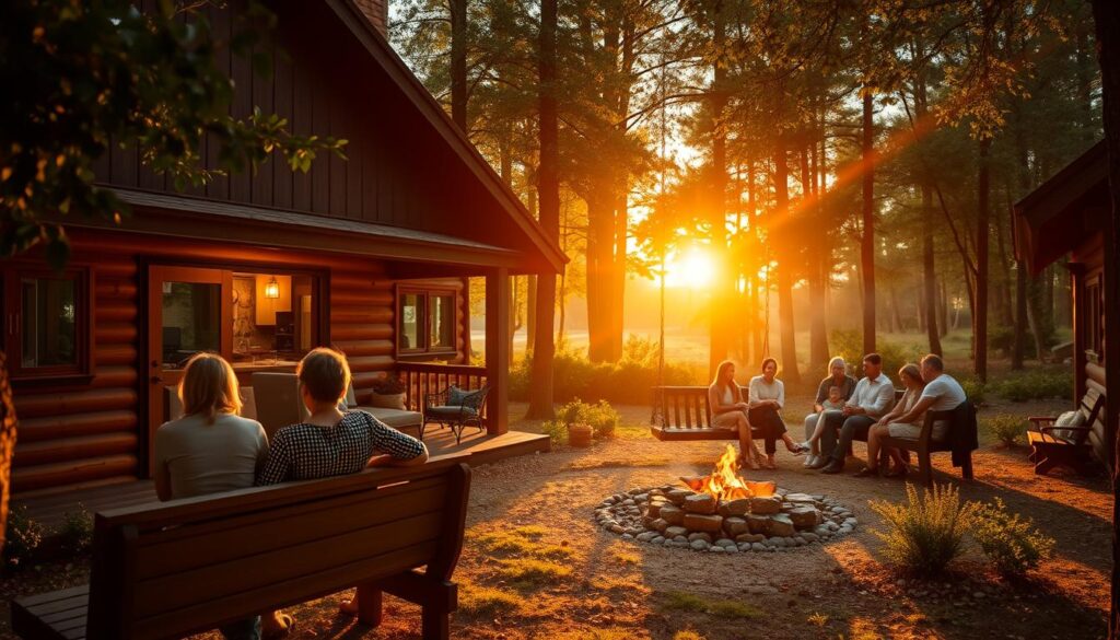 A cozy cabin nestled in the lush greenery of a forest, with a warm, inviting atmosphere. In the foreground, a couple sits on a wooden bench, enjoying the tranquil view. Behind them, a family of four relaxes on a porch swing, while in the distance, a larger group gathers around a fire pit, sharing stories and laughter. The scene is bathed in the soft, golden light of a setting sun, casting long shadows and creating a serene, welcoming ambiance. The cabins are well-appointed, with rustic yet modern furnishings, reflecting the perfect blend of comfort and connection with nature.