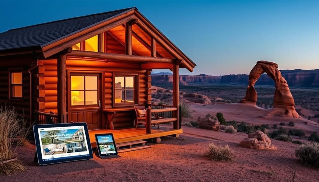 A cozy cabin nestled in the rugged desert landscape, its wooden facade and warm lighting inviting visitors to explore the top rental booking platforms displayed on sleek digital devices. Soft desert tones and dramatic shadows create a serene, inviting atmosphere, while the panoramic view of the iconic Arches National Park in the background hints at the epic surroundings. The scene effortlessly blends the comforts of a mountain retreat with the breathtaking natural wonders of the American Southwest.