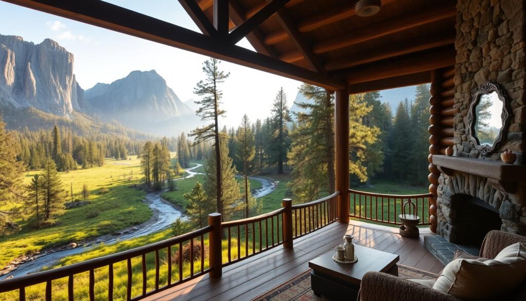 A cozy cabin nestled in the serene meadows of Yosemite West, surrounded by towering granite cliffs and ancient pines. Soft morning light filters through large windows, illuminating a rustic living room with a stone fireplace. In the distance, a winding stream cuts through the lush, verdant landscape. A wooden porch overlooks a tranquil forest, inviting guests to sip their coffee and take in the breathtaking views of Yosemite National Park. The image conveys a sense of peaceful seclusion and immersion in nature, perfect for a private rental experience.