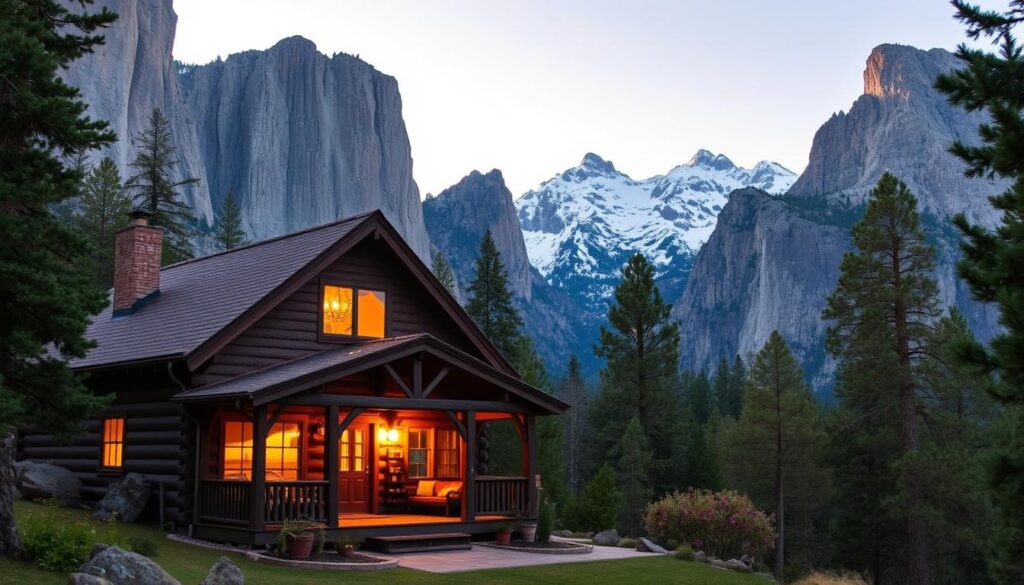 A cozy cabin nestled in the serene wilderness of Yosemite National Park, its rustic exterior framed by the towering granite cliffs and lush, verdant foliage of the surrounding landscape. Warm, golden light filters through the windows, casting a welcoming glow on the charming porch and inviting visitors to step inside and enjoy the tranquility of this mountain retreat. In the distance, the majestic peaks of the Sierra Nevada mountains rise up, their snow-capped summits gleaming under a clear, azure sky. The cabin stands as a peaceful oasis, offering a perfect sanctuary for those seeking to immerse themselves in the natural beauty and serenity of Yosemite.
