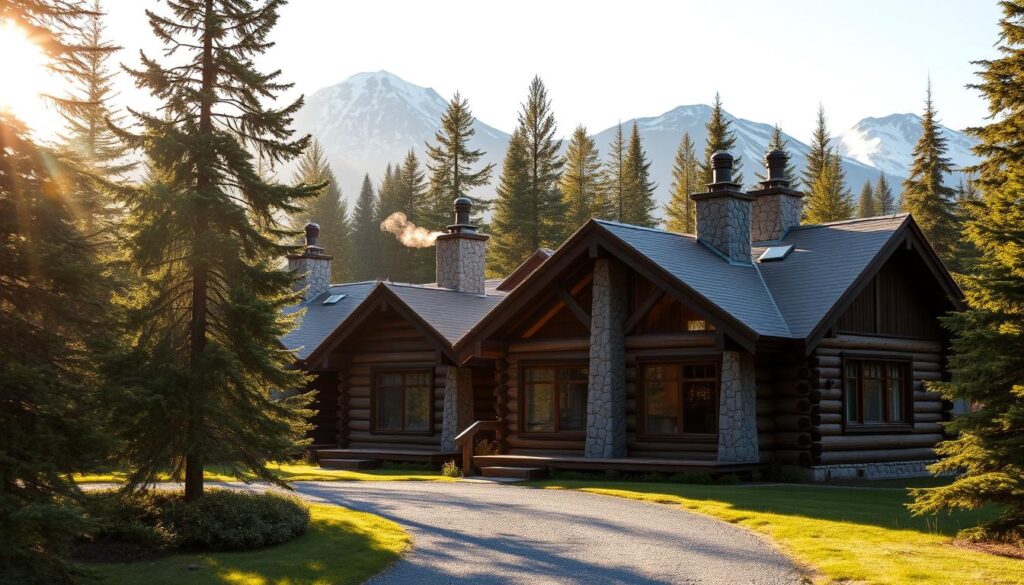 A cozy cluster of rustic log cabins nestled in the lush evergreen forest of West Glacier National Park. The cabins feature weathered wooden siding, stone chimneys, and large picture windows that frame the breathtaking views of the surrounding mountains. Wisps of smoke curl from the cabin's chimneys, creating a inviting and serene atmosphere. Soft, golden light filters through the trees, casting a warm glow on the charming cabin exteriors. In the foreground, a gravel path leads up to the cabins, flanked by towering pines. In the distance, snow-capped peaks pierce the horizon, creating a picturesque, quintessential Montana landscape.