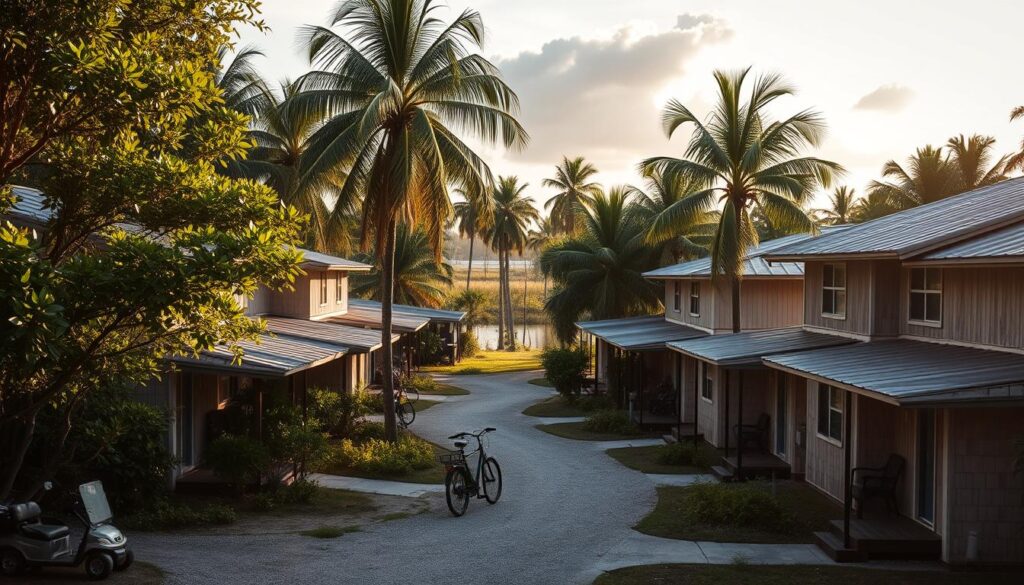 A cozy cluster of two-story urban-edge cottages nestled among lush palm trees and mangrove swamps, near the bustling gateways to Everglades National Park. Soft afternoon light filters through the foliage, casting warm shadows on the weathered wooden facades and tin roofs. Bicycles and golf carts dot the winding gravel paths connecting the cottages, hinting at a tranquil, eco-conscious lifestyle. In the distance, the silhouettes of tall palm trees sway gently, framing a glimpse of the Florida wetlands beyond. This charming, nature-inspired scene captures the essence of the Homestead, Miami, and Naples cottages that provide convenient access to the natural wonders of the Everglades.