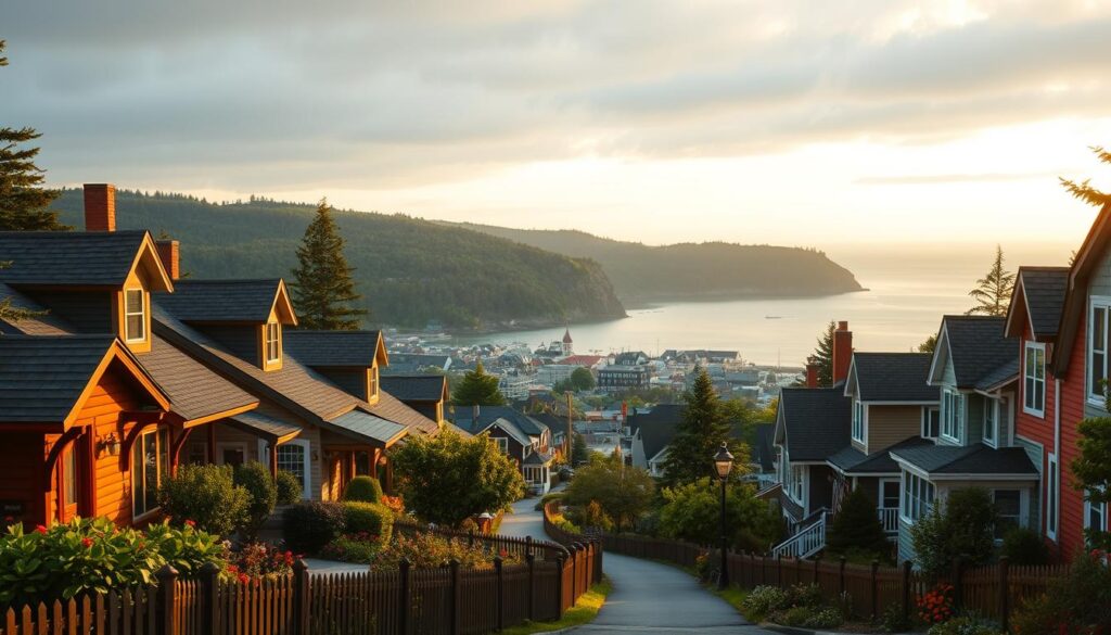 A cozy coastal village nestled among the rolling hills of Bar Harbor, Maine. In the foreground, charming cottages with wooden siding and gabled roofs, their vibrant colors complementing the lush greenery. Carefully manicured gardens line the winding streets, framed by picket fences and swaying trees. The middle ground reveals a glimpse of the bustling downtown, its historic buildings and boutiques beckoning visitors. In the distance, the rugged cliffs and serene waters of Acadia National Park set the stage, bathed in the warm glow of a golden hour sunset. Soft, diffused lighting casts a dreamy, intimate atmosphere over the scene, inviting the viewer to imagine themselves strolling through this idyllic New England sanctuary.