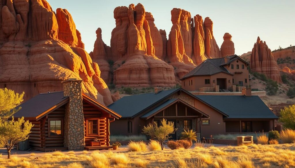 A cozy collection of southern Utah cabins nestled amidst towering red rock formations, each with a distinct architectural style. In the foreground, a rustic log cabin with a stone chimney stands in the golden light, its warm glow contrasting the cool shadows. In the middle ground, a modern cabin with clean lines and large windows blends seamlessly into the natural landscape. In the background, a historic adobe cabin with earthy hues is framed by the iconic hoodoos of the region, their jagged silhouettes creating a dramatic backdrop. The scene is bathed in a warm, golden hour light, evoking a sense of peaceful solitude and connection to the rugged beauty of the southwest.