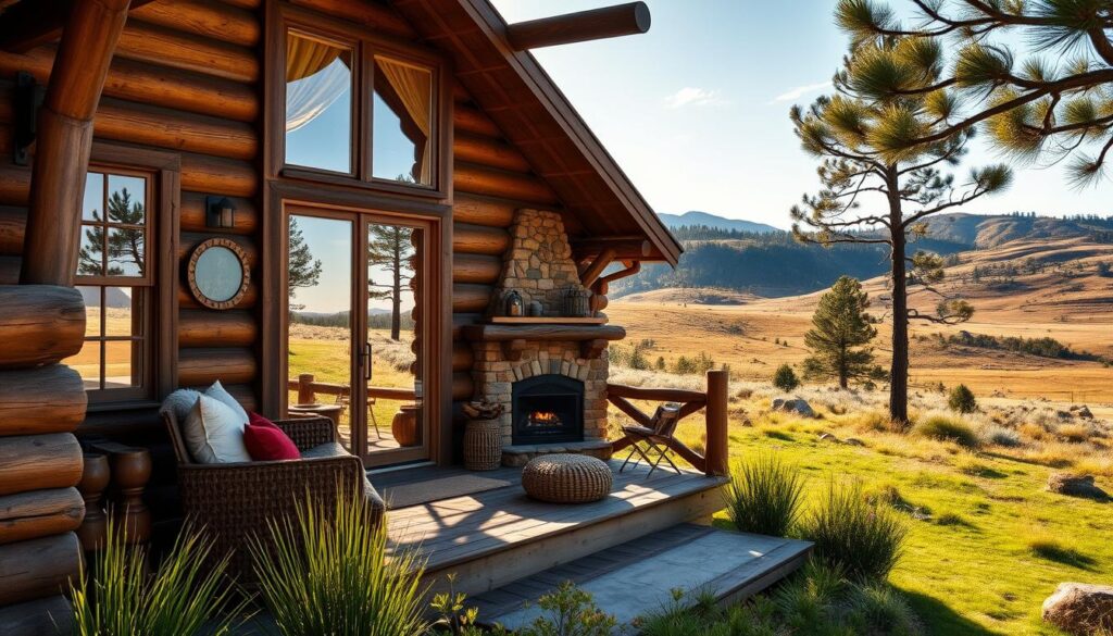 A cozy family cabin nestled in the heart of a lush, verdant ranch near Canyonlands National Park. The rustic exterior features weathered wood siding and a charming porch, inviting visitors to step inside and experience the tranquility of the great outdoors. Through the large windows, sunlight floods the interior, illuminating the warm, homey atmosphere created by plush furnishings, a crackling fireplace, and wooden accents. In the background, rolling hills dotted with towering pines stretch out, creating a picturesque natural backdrop for this idyllic retreat. The scene evokes a sense of comfort, adventure, and connection with the surrounding wilderness.