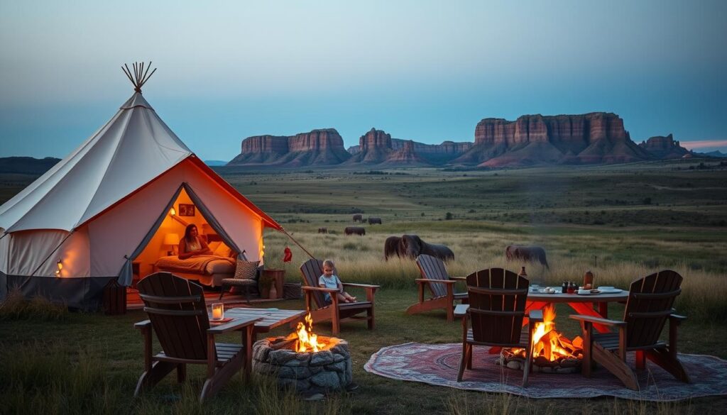 A cozy family enjoying a glamping adventure in the rugged beauty of Hermosa, South Dakota, just miles from Badlands National Park. In the foreground, a spacious canvas tent with rustic accents stands amidst the lush, rolling prairie. Mid-ground, a crackling campfire surrounded by Adirondack chairs, with a picnic table laden with s'mores and outdoor cookware. In the background, the iconic rock formations of the Badlands rise up, bathed in the warm glow of the setting sun. The scene is illuminated by a soft, natural lighting, captured through a wide-angle lens to convey the expansive, serene landscape. An atmosphere of relaxation, adventure, and connection with nature pervades the image.