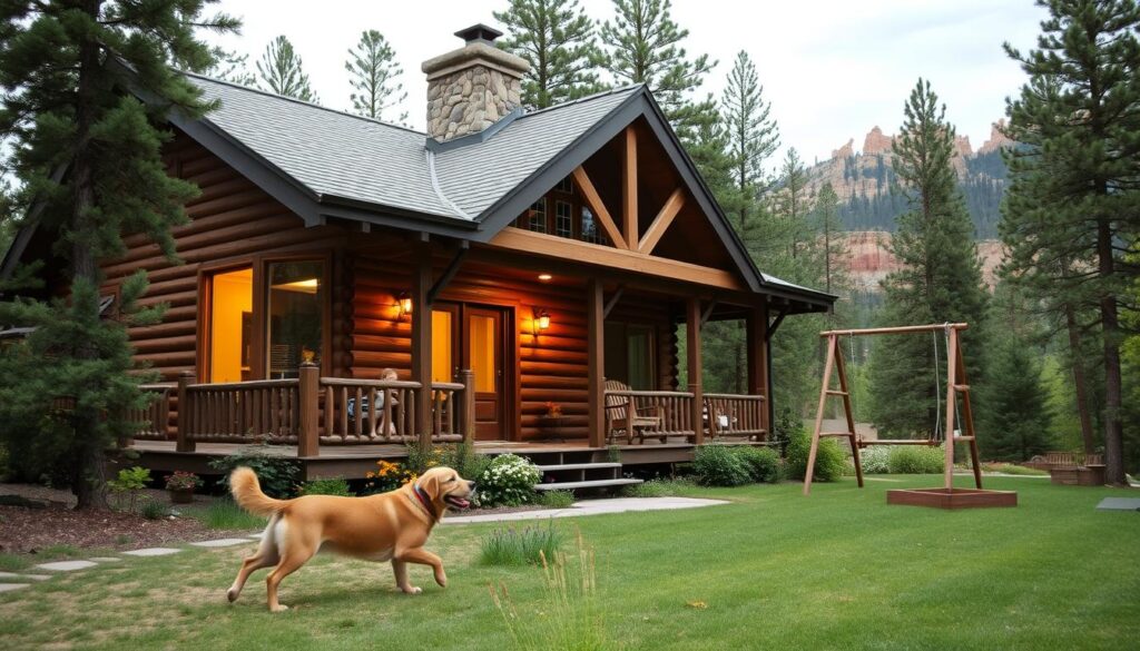A cozy family-friendly cabin nestled in a lush forest, with a wraparound porch and a well-tended garden. In the foreground, a golden retriever plays happily with a young child, while a cat lounges contentedly on the porch swing. The cabin's exterior features rustic log walls, a stone chimney, and large windows that let in warm, soft lighting. In the middle ground, a wooden swing set and a sandbox suggest ample space for outdoor play. The background showcases the towering pines and the distant hoodoos of Bryce Canyon, creating a picturesque and serene atmosphere.