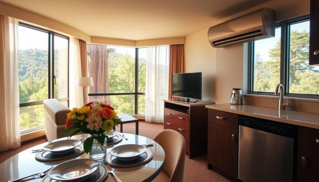 A cozy hotel room with a well-equipped kitchenette, featuring a modern stainless steel air conditioning unit mounted on the wall. In the foreground, a neatly set dining table with plates, cutlery, and a vase of fresh flowers, inviting guests to enjoy a delectable meal. The middle ground showcases a plush armchair and a sleek television, creating a comfortable living space. The background depicts large windows overlooking a lush, verdant landscape, bathed in warm, natural lighting that filters through sheer curtains. The overall atmosphere conveys a sense of relaxation and a retreat from the outside world, perfect for a peaceful stay in Sequoia National Park.
