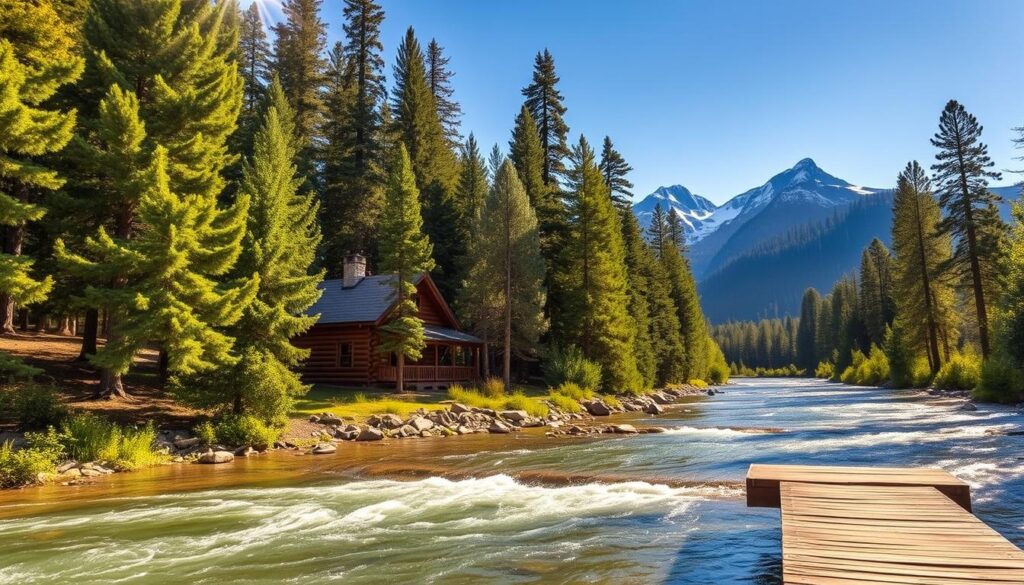 A cozy log cabin nestled amidst lush, verdant foliage, with a serene river flowing gently in the foreground. Sunlight filters through the canopy of towering pines, casting a warm, golden glow over the scene. In the distance, majestic snow-capped peaks rise against a clear, azure sky. The cabin's rustic exterior blends seamlessly with the natural surroundings, inviting visitors to step inside and experience the tranquility of the Sequoia wilderness. A wooden dock juts out over the river, offering a perfect vantage point to admire the breathtaking views and connect with the calming rhythm of the water.