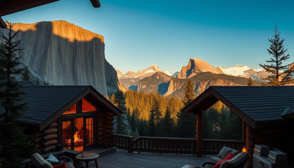 A cozy log cabin nestled amidst the towering granite cliffs and lush evergreen forests of Yosemite National Park. Warm sunlight filters through the cabin's large windows, casting a golden glow on the rustic interior. In the foreground, a crackling fire warms the living space, inviting visitors to relax and take in the serene natural beauty. The middle ground features a panoramic view of Yosemite's iconic landmarks, including Half Dome and El Capitan, framed by the cabin's wraparound porch. In the background, the majestic Sierra Nevada mountains rise up, their snow-capped peaks reaching for the azure sky. The overall mood is one of cozy seclusion and a deep connection to the captivating wilderness of the Sierra Nevada.