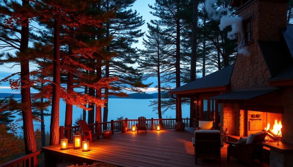 A cozy log cabin nestled amidst the towering pines, overlooking the serene waters of Bar Harbor. The warm glow of lanterns casts a inviting ambiance, beckoning guests to relax on the expansive front porch. Crisp autumn leaves rustle in the gentle breeze, as wisps of smoke curl from the stone chimney. Inside, the cabin exudes a charming, rustic elegance with hand-crafted furniture and a roaring fireplace. Large windows frame picturesque views of Acadia National Park's rugged coastline. A tranquil oasis, perfect for savoring the natural beauty of Maine.