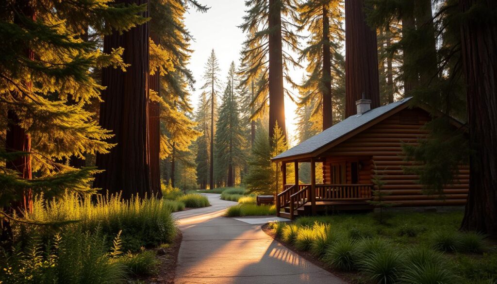 A cozy log cabin nestled among the towering sequoia trees of Sequoia National Park, its warm wooden exterior and inviting porch bathed in the golden glow of sunset. A path winds through the lush, verdant undergrowth, leading visitors towards the majestic, ancient giants in the distance. Soft, diffused lighting casts long shadows across the scene, creating a serene and tranquil atmosphere. The cabin appears to be the perfect basecamp for exploring the park's natural wonders, offering a comfortable and convenient retreat after a day of hiking and adventure.
