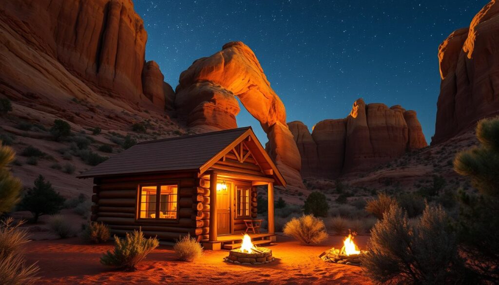 A cozy log cabin nestled at the base of towering sandstone arches, with the warm glow of a campfire under a starry desert night sky. The cabin's rustic exterior blends seamlessly into the rugged terrain, surrounded by sagebrush and juniper. Through the cabin's windows, the iconic silhouette of Delicate Arch is visible in the distance, bathed in the soft, golden light of the setting sun. The scene is captured with a wide-angle lens, showcasing the dramatic landscape and the cabin's picturesque location. The mood is serene and peaceful, evoking a sense of adventure and solitude in this remote desert oasis.