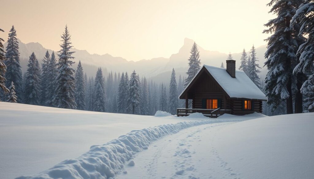 A cozy log cabin nestled in a snowy pine forest, with a warm glow emanating from its windows. The scene is bathed in a soft, diffused light, casting long shadows across the pristine, powdery snow. In the foreground, a path leads to the cabin, its edges adorned with delicate icicles glistening in the winter sun. Smoke curls lazily from the cabin's chimney, promising the comfort of a crackling fire within. The background is a panorama of snow-capped peaks, their majestic silhouettes rising against a pale, hazy sky. This tranquil, winter wonderland evokes a sense of serenity and escape, the perfect setting for a peaceful retreat near the wonders of Yosemite National Park.