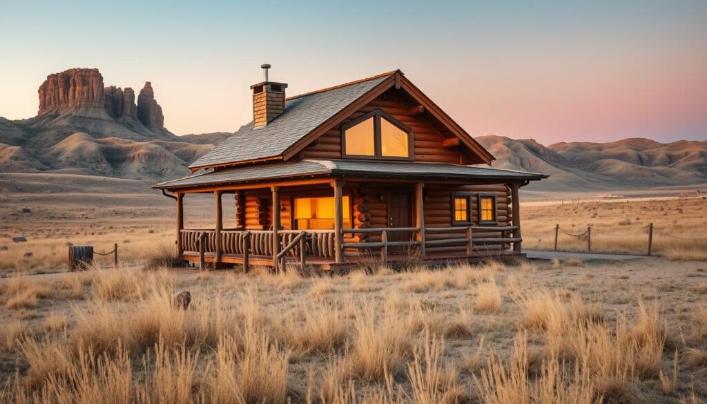 A cozy log cabin nestled in the rugged prairie landscape of Badlands National Park. The cabin's rustic exterior blends seamlessly with the rolling hills and towering rock formations in the background. Warm, golden light filters through the windows, casting a welcoming glow. In the foreground, a wooden porch invites visitors to sit and take in the breathtaking views. The scene conveys a sense of peaceful solitude, an escape from the hustle and bustle of everyday life. A wide-angle lens captures the cabin's harmonious integration with the majestic natural surroundings, inviting the viewer to imagine the perfect prairie retreat.